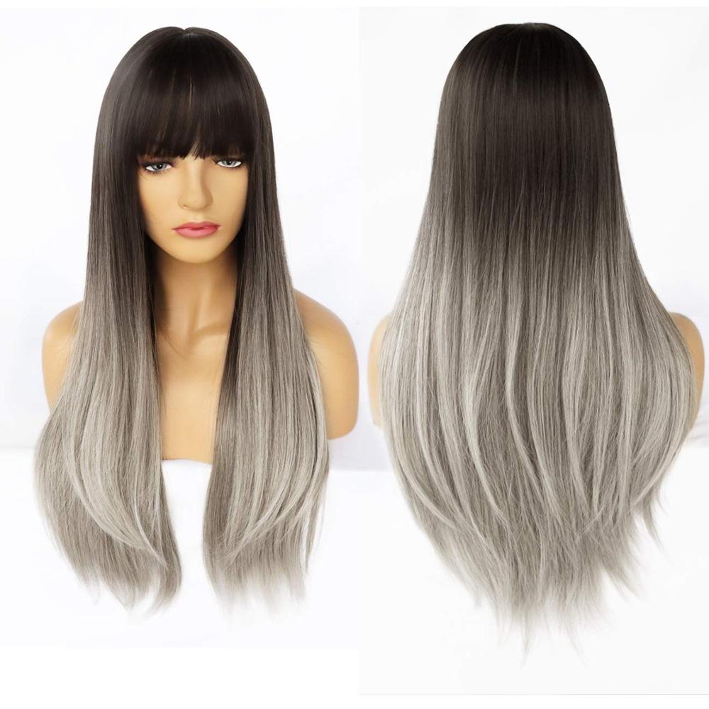 Long Synthetic Wig with Bangs Dark Root Ombre Color