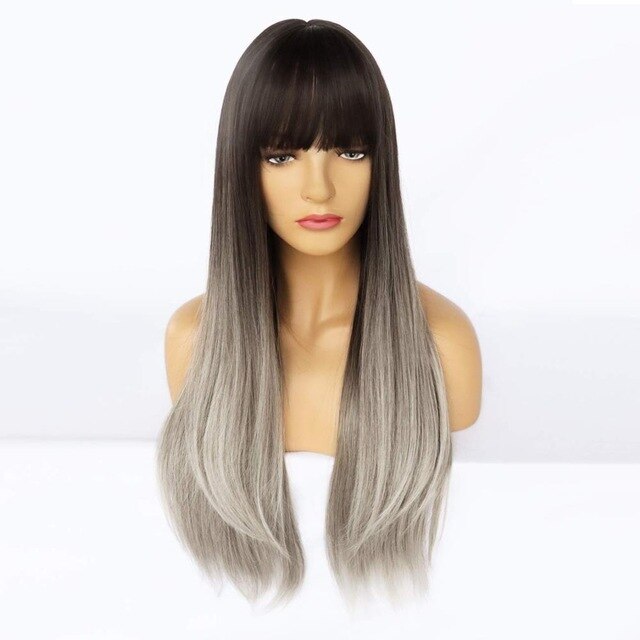 Long Synthetic Wig with Bangs Dark Root Ombre Color