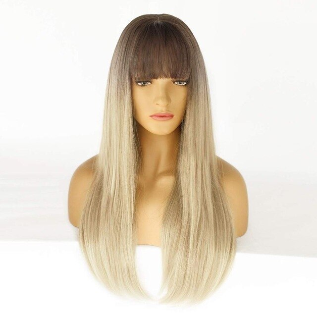 Long Synthetic Wig with Bangs Dark Root Ombre Color